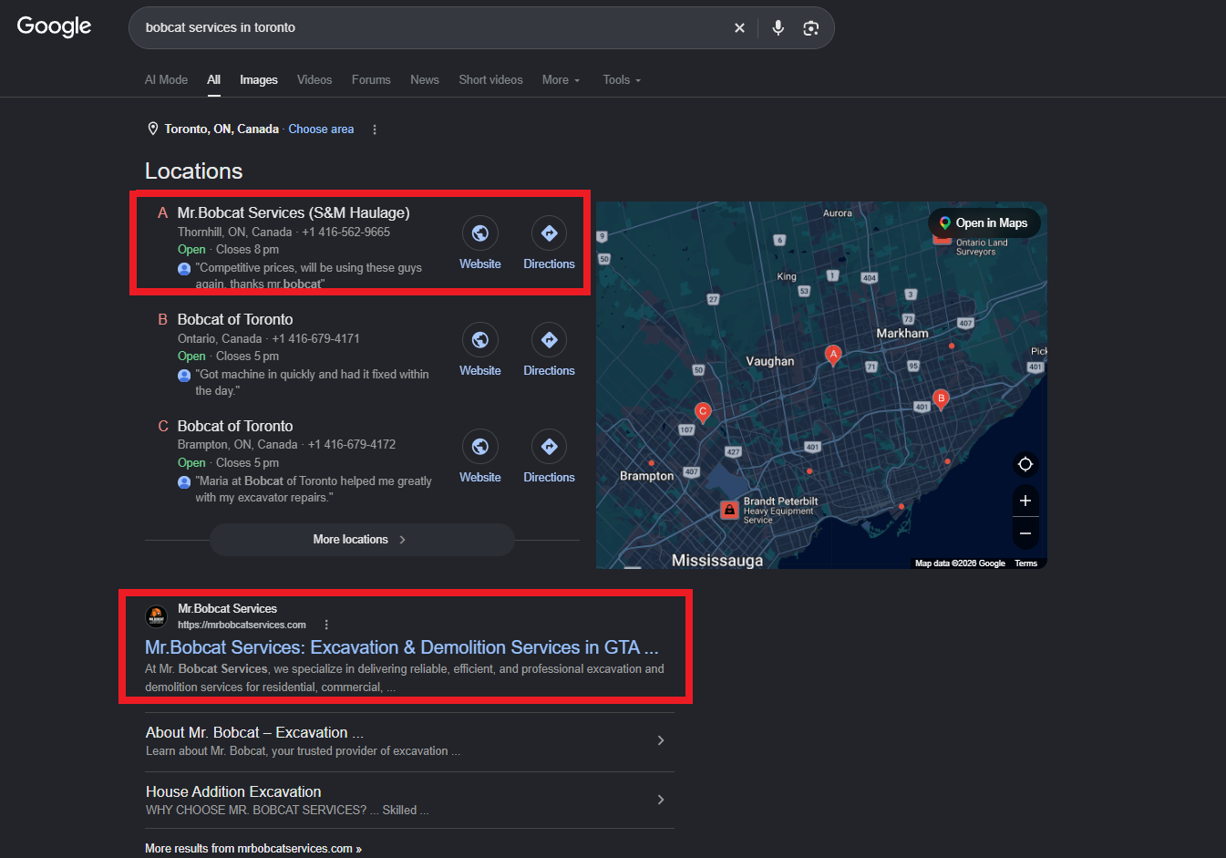 Google search for bobcat services in toronto, with Mr. Bobcat Services first in the local map pack and the top organic result